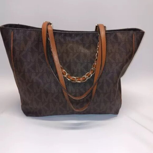 Michael Kors Handbag Brown Signature Harper Large Tote Logo Gold Chain East West - Picture 4 of 15